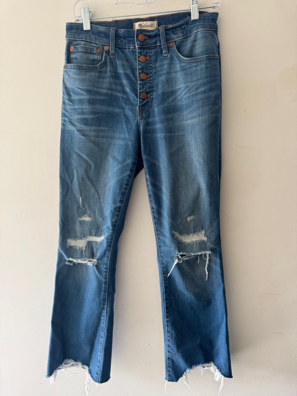 Madewell Cali Denim Boot Cut Jeans Medium Wash‎ Slightly Distressed Button Fly